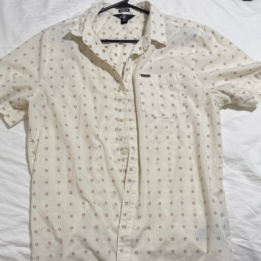 Volcom Men's Cream and Brown Patterned Shirt